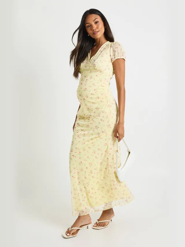 boohoo Dames Zwangerschaps mesh ditsy midaxi jurk Citroen