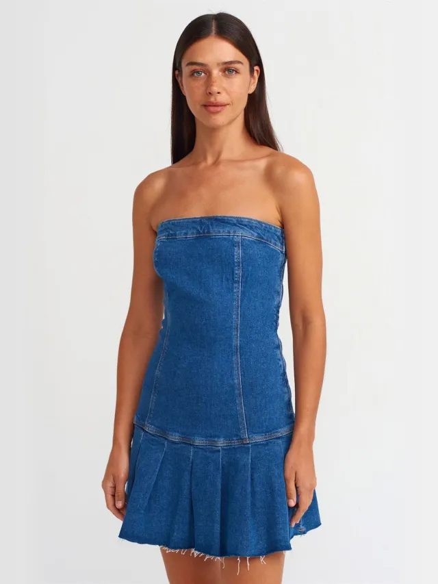 Dilvin Aangesloten Strapless Denim Mini-jurk Middelblauw