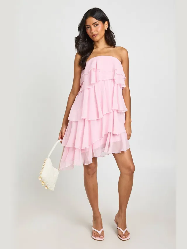 boohoo Dames Chiffon Gelaagde Bandeau Mini Jurk Roze