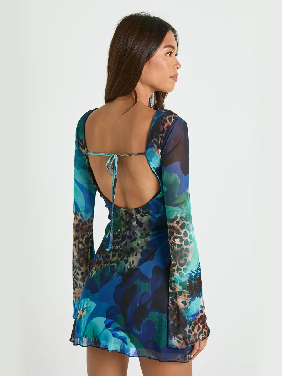 boohoo Dames Florale Mesh Minijurk met Uitlopende Mouwen kobaltblauw, foto 3
