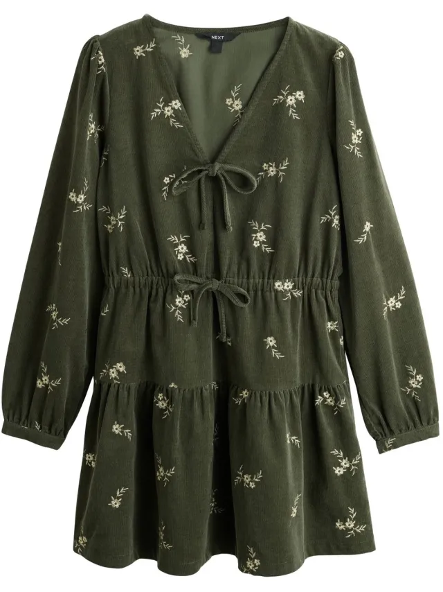 Next Dames - Corduroy mini-jurk met V-hals en lange mouwen - Tall - Groen Khaki Green Embroidered Floral