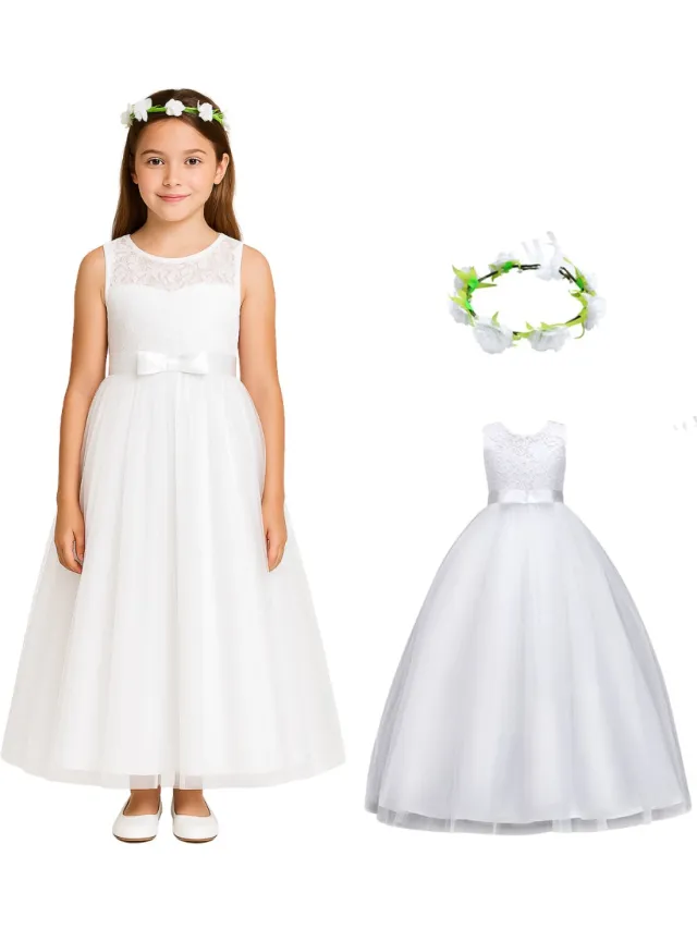 JOYAKIDS Joya Kids® Communie jurk Meisje Wit | Bruidsmeisjes jurk | Prinsessen jurk | Feestjurk + bloemenkrans | Maat 170 (164/170) Communie Wit