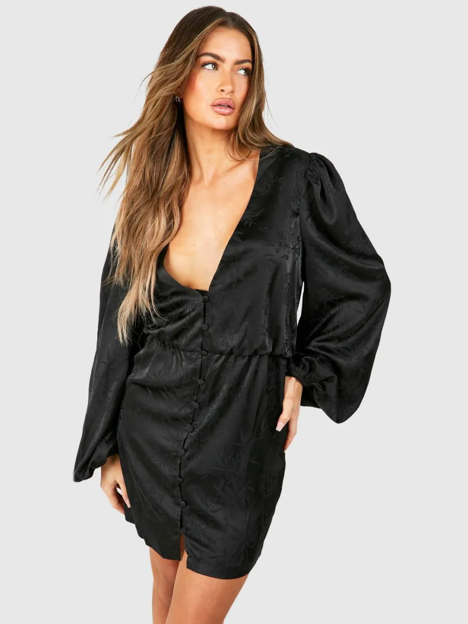 boohoo Dames Jaquard Blouson Sleeve Mini Dress zwart, foto 3