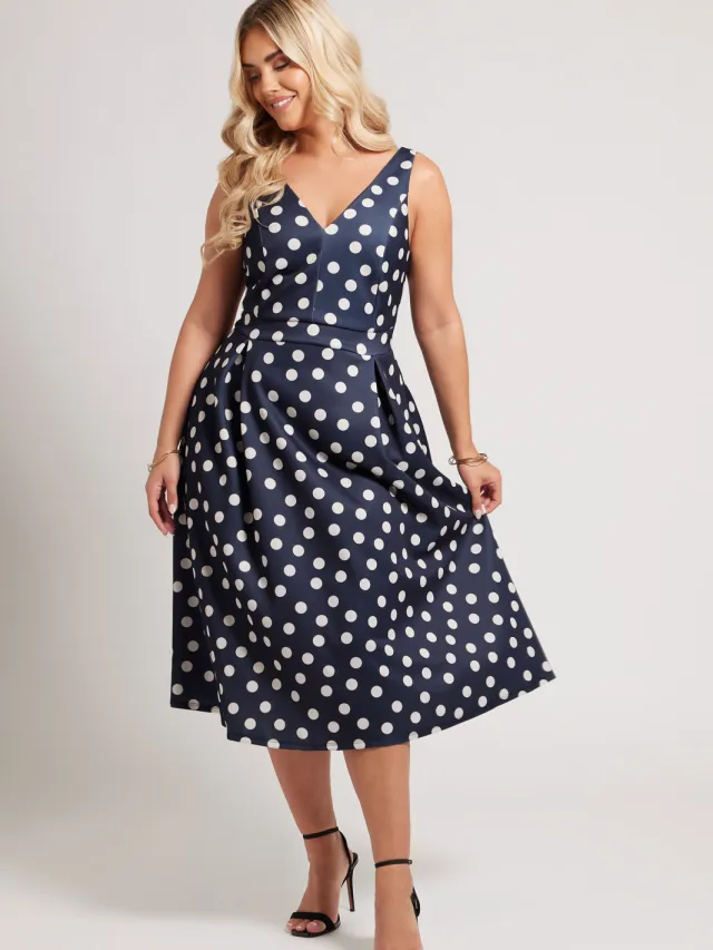 Yours London Mouwloze Midijurk Met Stippenprint En Plooidetail In Donkerblauw Blue