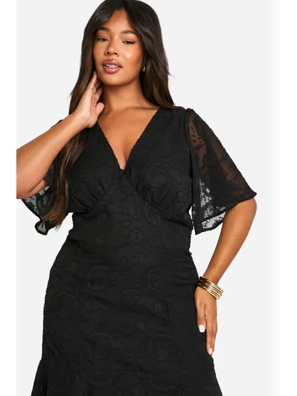 boohoo Dames Plus Jacquard Bloemen Angel Mouw Midaxi-jurk zwart, foto 3