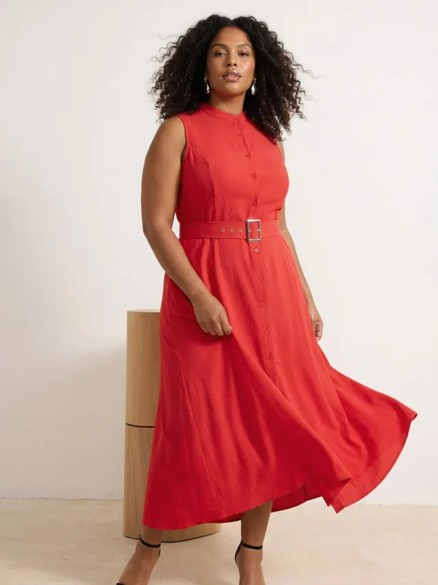 Trendyol Curve Dames Rood Effen Maxi Mouwloos Casual Blousejurk Grote maten Jurk