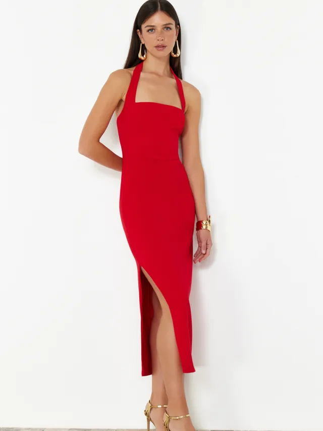 Trendyol TRENDYOLMİLLA Dames Rood Effen Midi Mouwloos Stijlvol/Avond Bodycon Jurken