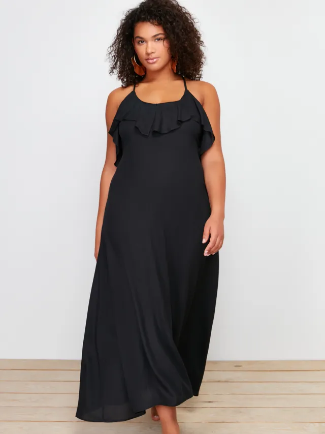 Trendyol Curve Dames Zwart Effen Maxi Mouwloos Strandkleding A-lijn Grote maten Jurk