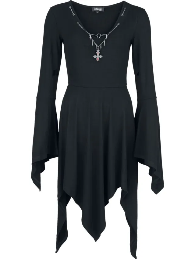 Gothicana zwarte midi-jurk met afneembare ketting en metalen details - Dames