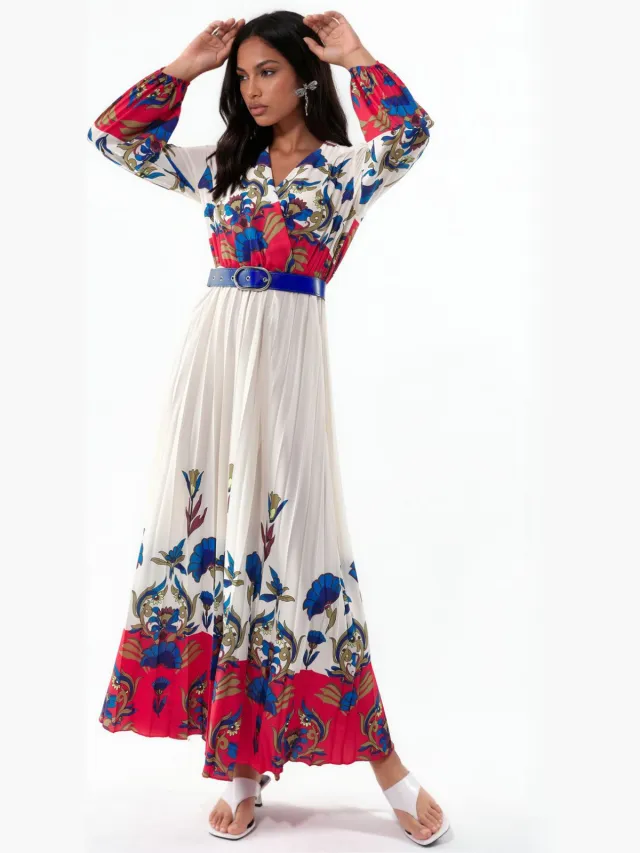 MSN Collection Bloemen Midi-jurk met Ceintuur Veelkleurig