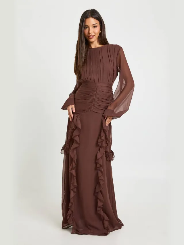 boohoo Dames Kreukchiffon Ruches Maxi Jurk Chocoladebruin