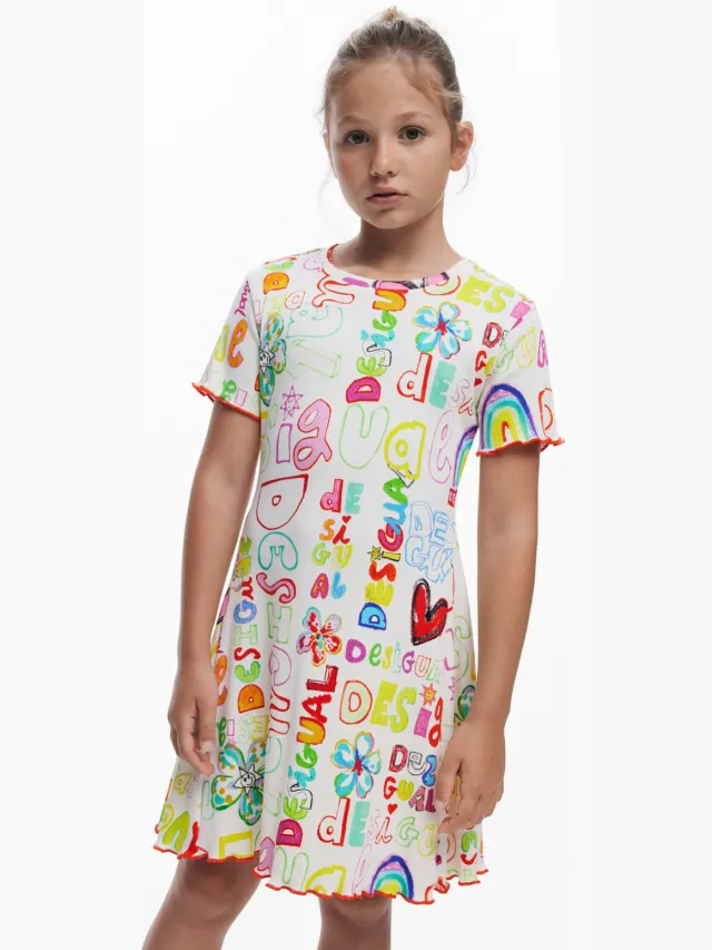 Desigual A-lijn jurk ecru Ecru/rood/geel