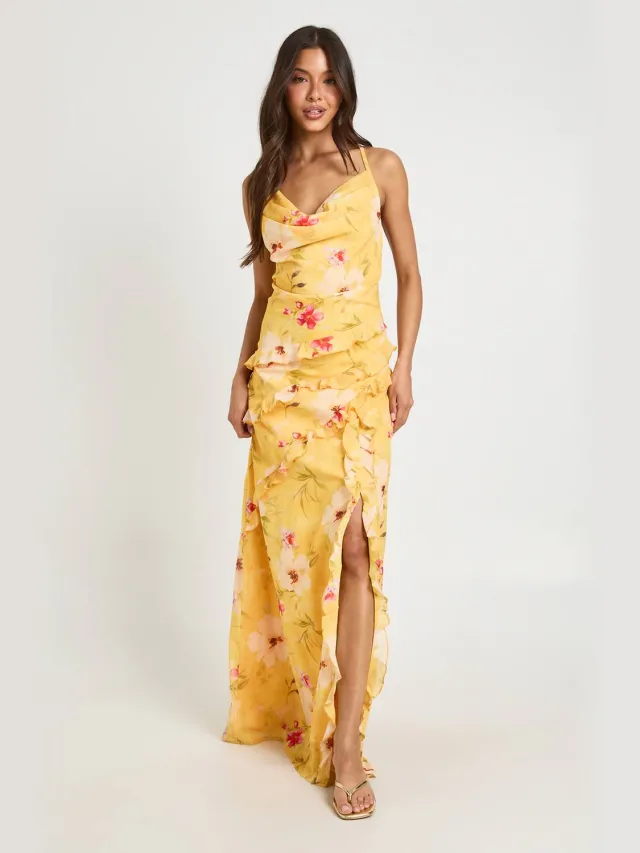 boohoo Dames Chiffon Bloemen Cowl Hals Ruche Detail Maxi Jurk Oranje