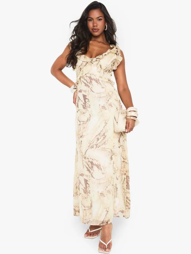 boohoo Dames Snake Chiffon Ruffle Maxi-jurk Slangenprint