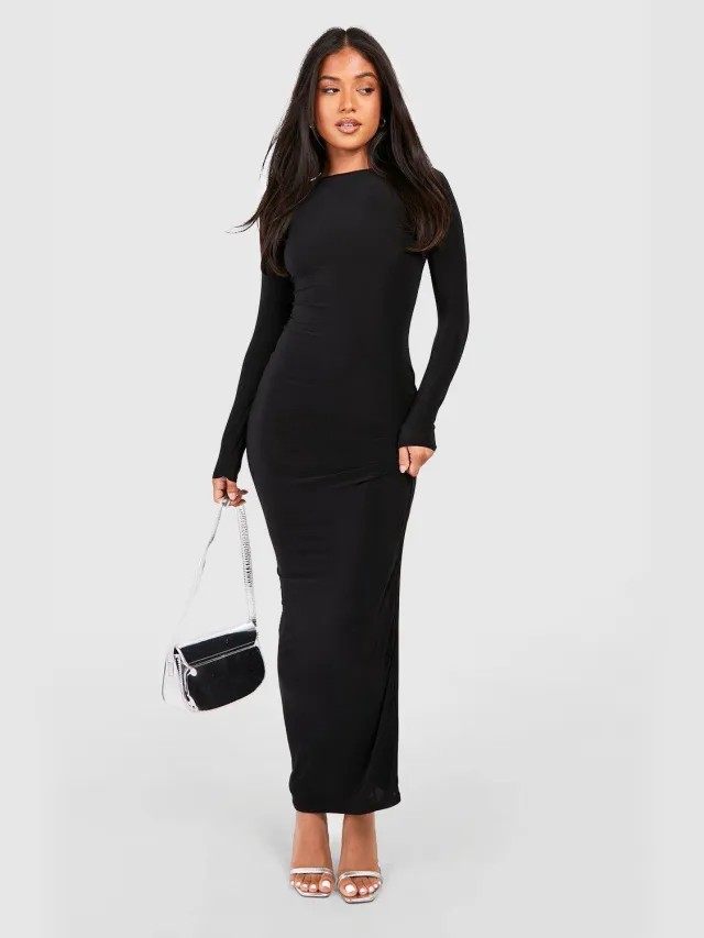boohoo Dames Petite Slinky Scoop Neck Maxi Jurk met Lange Mouwen Zwart