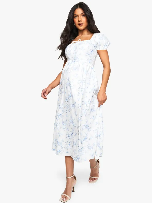 boohoo Dames Zwangerschapsjurk met bengaline, pofmouwen, porseleinen print en melkmeisje midi-jurk Lichtblauw