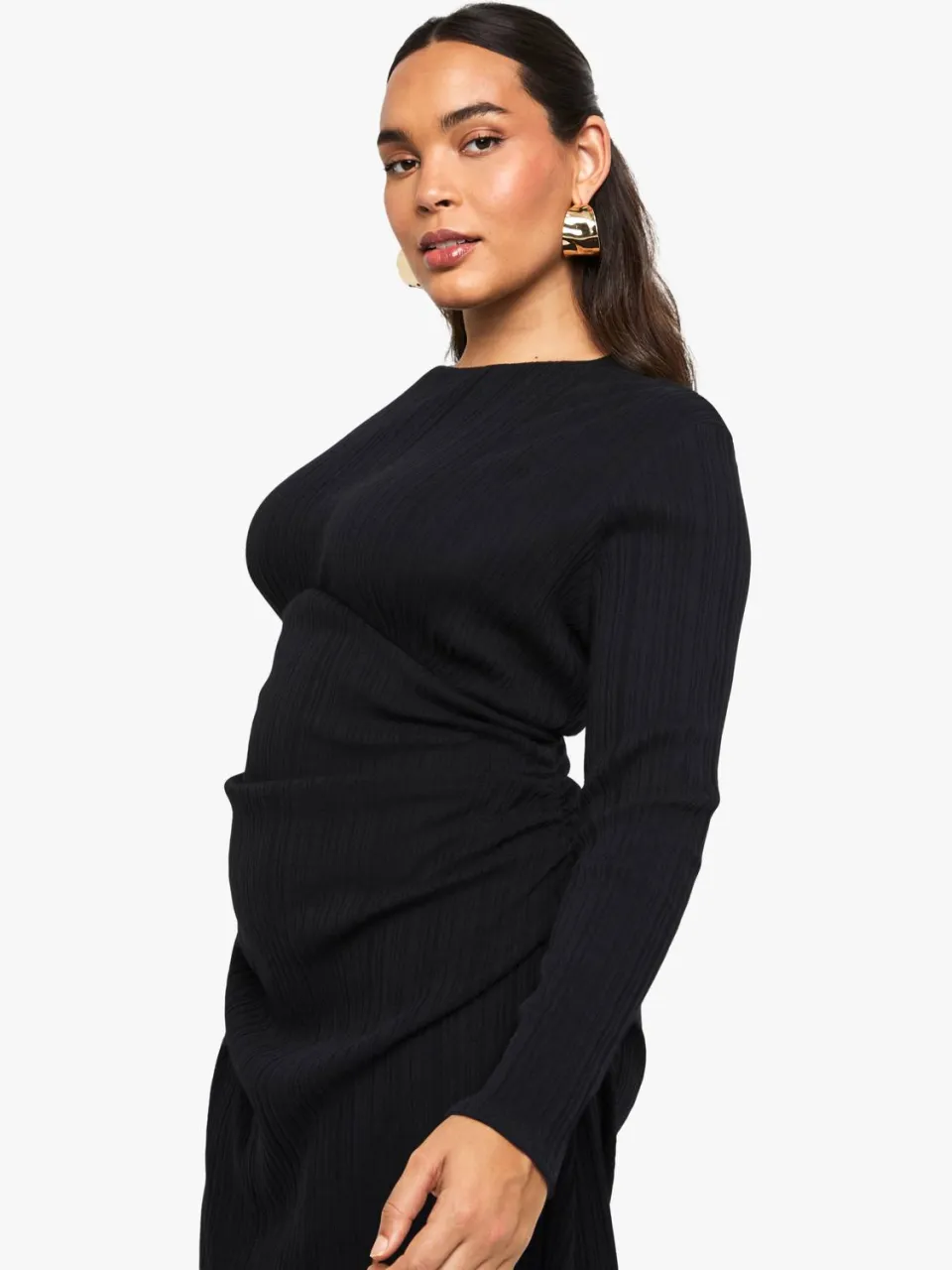 boohoo Dames Plus katoen rib ruched mini-jurk zwart, foto 3