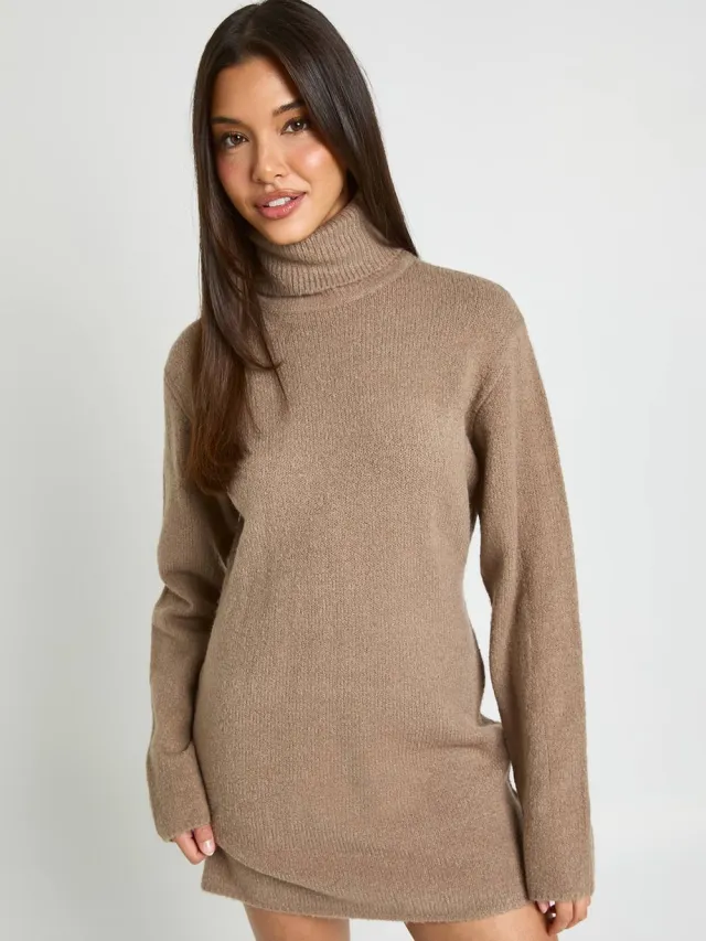 boohoo Dames Coltrui Chunky Gebreide Mini Jurk Taupe