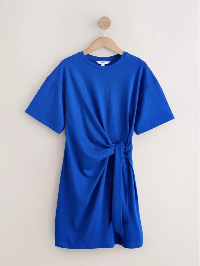 Next Dames - Mini-T-shirtjurk met strik in de taille, petite - Petite - Blauw Cobalt Blue