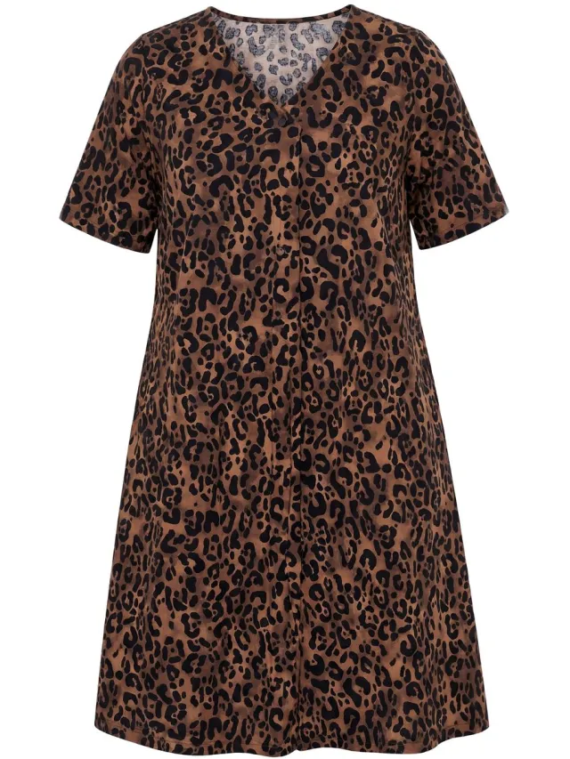 Ulla Popken Dames - Midi-jurk A-lijn V-hals korte mouwen zakken - Cognacbruin - Maat 46+