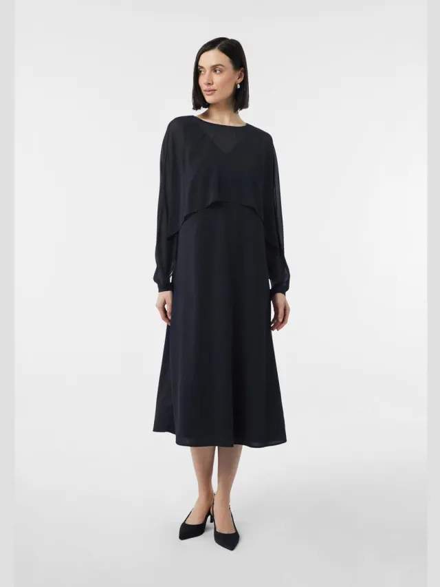 Comma female - Lange chiffon jurk met geraffineerde gelaagdheid navy