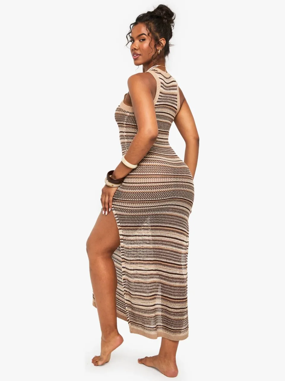 boohoo Dames Gestreepte gehaakte strand maxi jurk neutral, foto 2