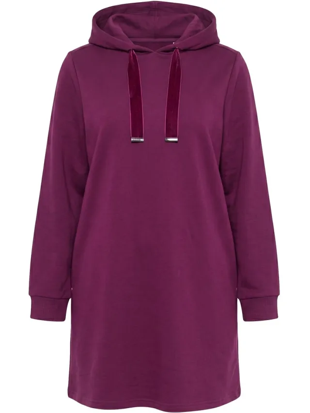 Ulla Popken Dames - Sweatjurk capuchon A-lijn lange mouwen zakken - Donker bes - Maat 62+