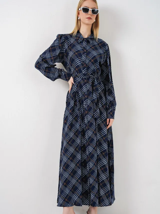 Big Dart Gingham Midi Hemdjurk met Knopsluiting Marineblauw
