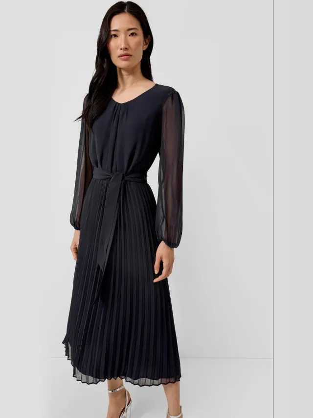S.Oliver female - Midi-jurk van chiffon met plooien en strikceintuur navy