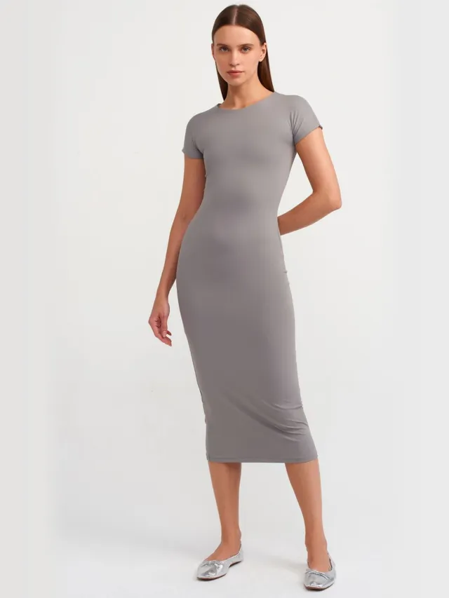 Dilvin Dames Bodycon Midi Jurk Donkergrijs