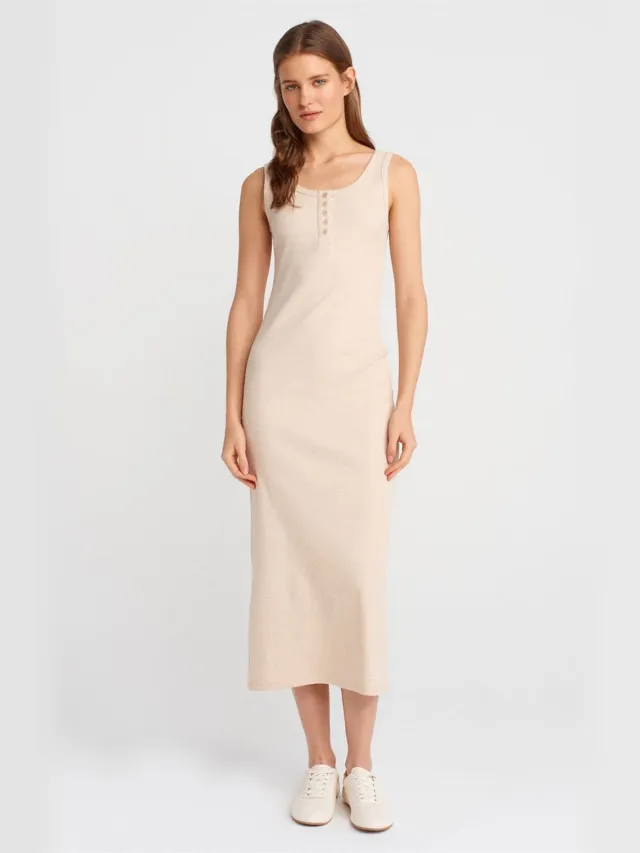 Dilvin Geribbeld Midi Bodycon Jurk Met Knopen Beige