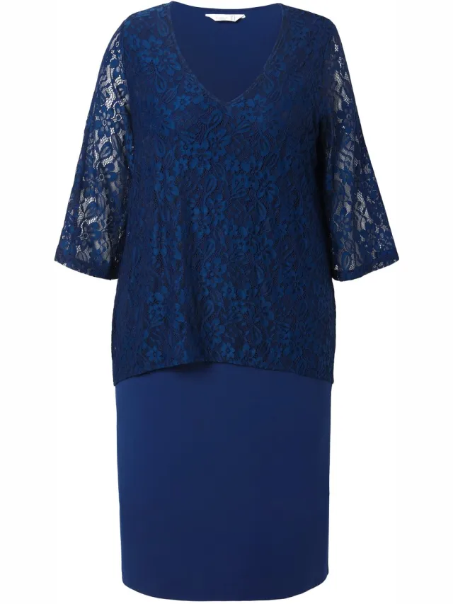 MIAMODA Dames - Kanten jurk ondoorzichtige jersey onderjurk - Donkerblauw