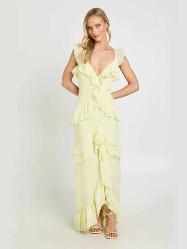 boohoo Dames Petite Chiffon Gelaagde Ruches Detail Maxi Jurk Citroen