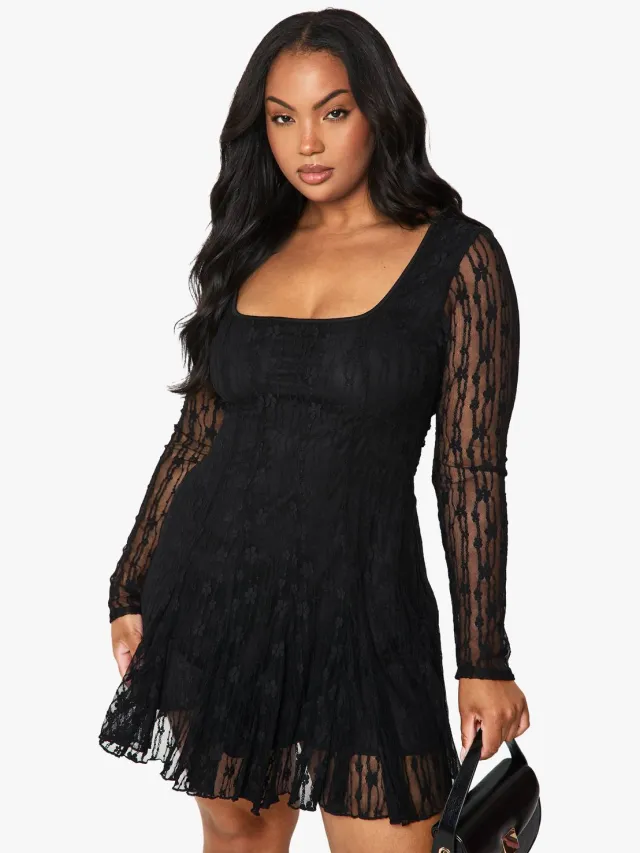 boohoo Dames Plus kanten godet mini skater jurk Zwart