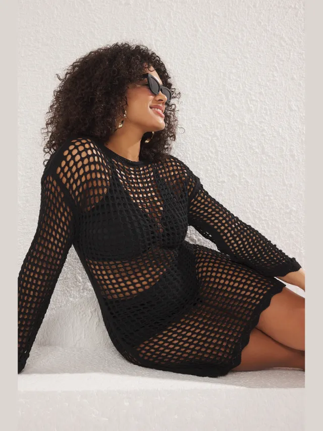 Trendyol Curve Dames Zwart Ajour Kort / Mini Lang Strandkleding Recht Grote maten Jurk
