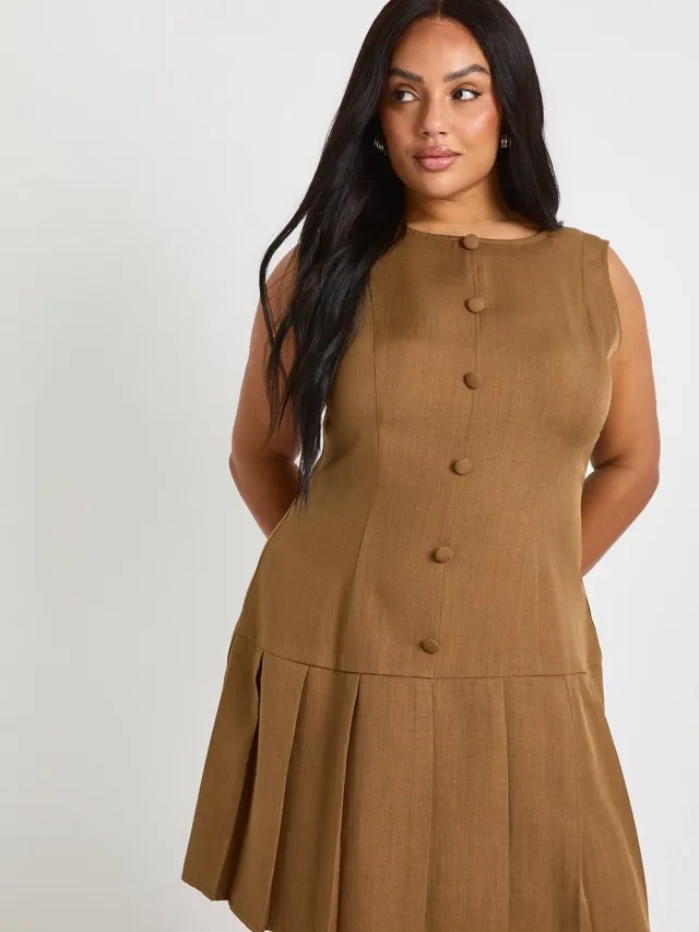 boohoo Dames Plus Geweven Met Knoopsluiting Geplooide Skaterjurk Bruin