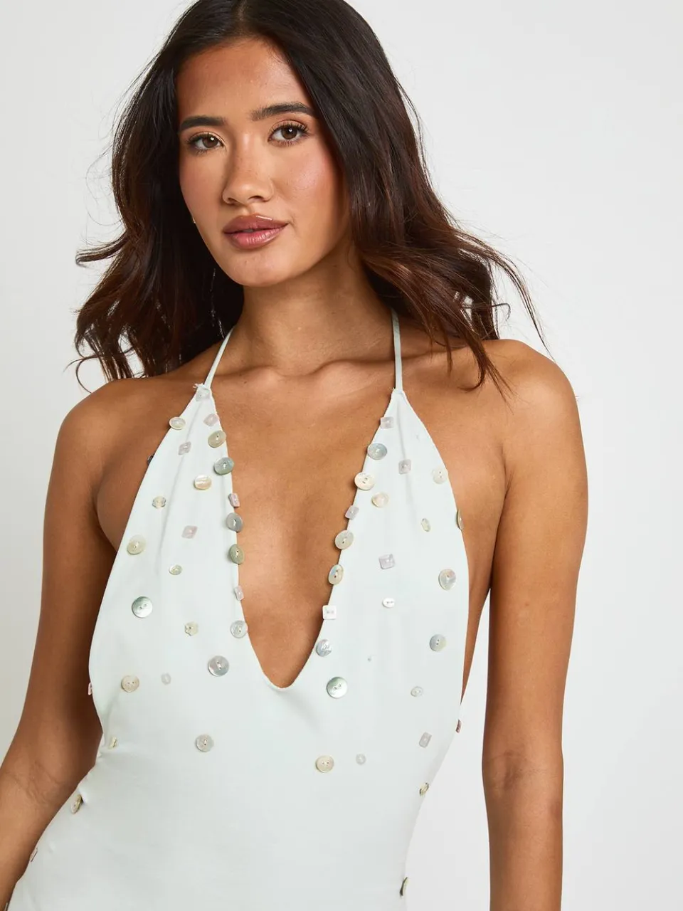 boohoo Dames Skater Jurk Met Knoopdetail En V-hals munt, foto 4