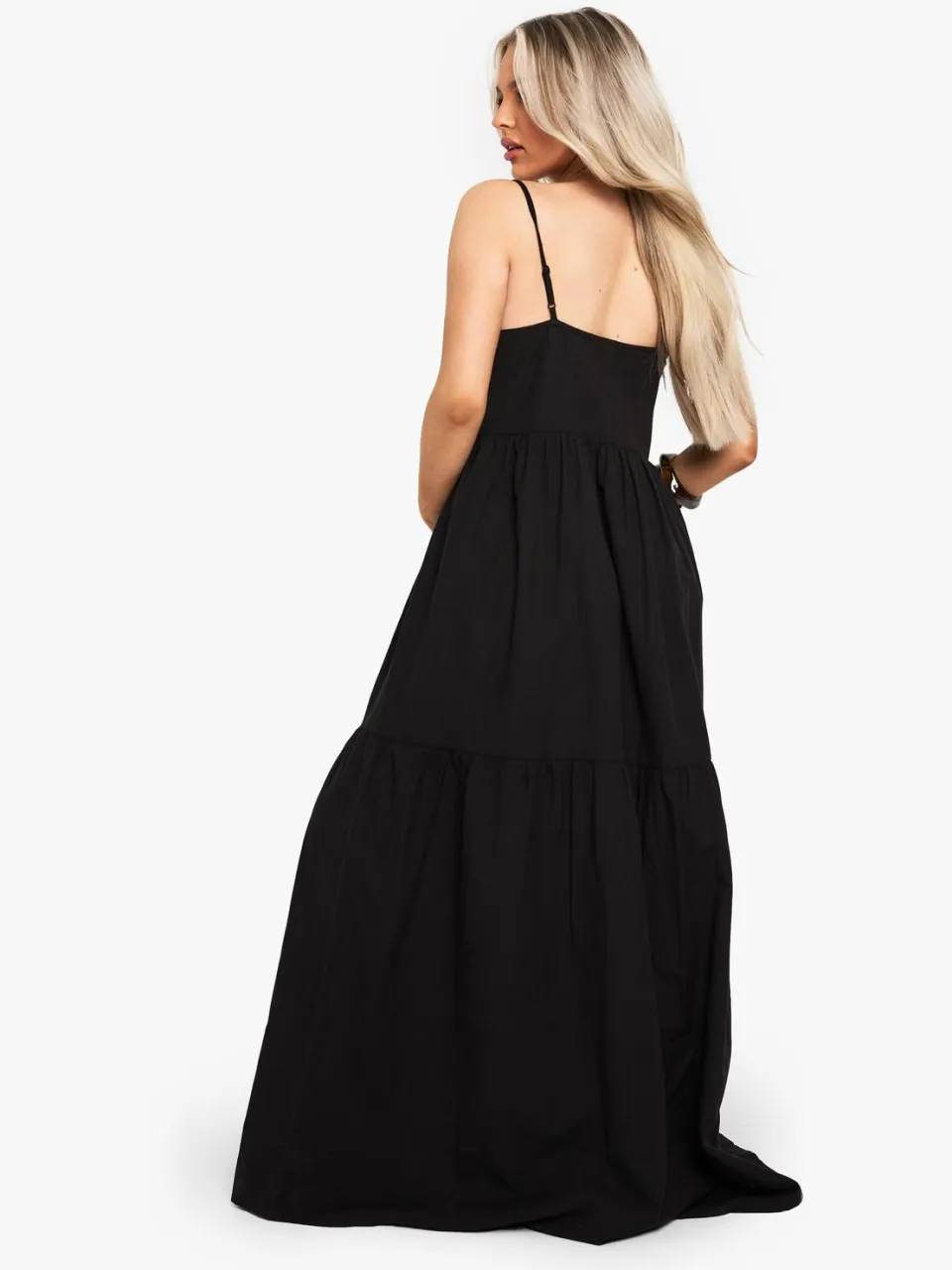 boohoo Dames MATERNITY TIERED LINEN LOOK STRAPPY MAXI DRESS zwart, foto 2