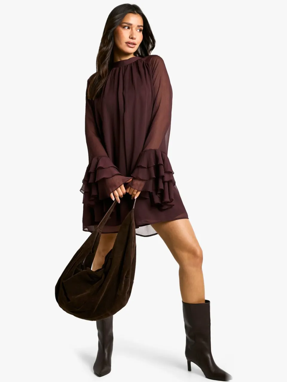 boohoo Dames Tall High Neck Volume Sleeve Chiffon Smock Dress pruim, foto 3