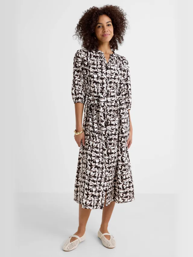 Ruby maxi overhemdjurk met linnen en all-overprint Zwart/beige