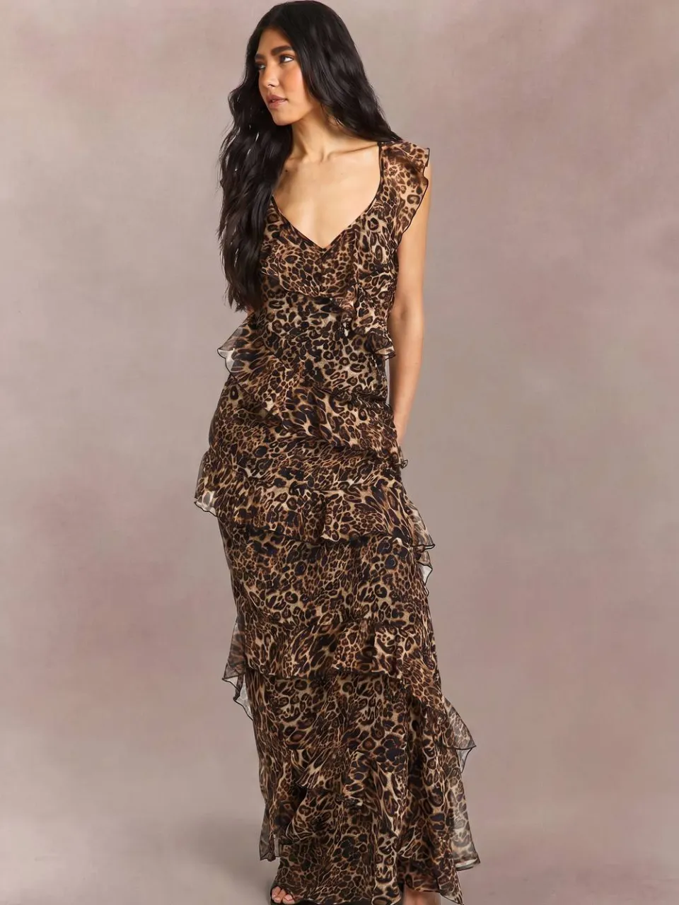 boohoo Dames Lange Chiffon Ruffle Luipaard Bandjes Maxi Jurk Zwart
