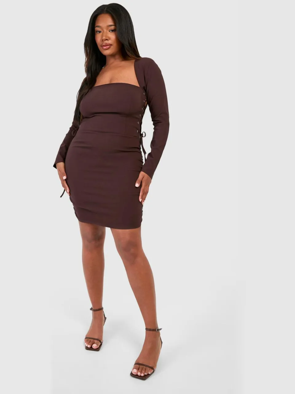 boohoo Dames Plus Bengaline Vetersluiting Vierkante Hals Corset Bodycon Jurk chocoladebruin, foto 2