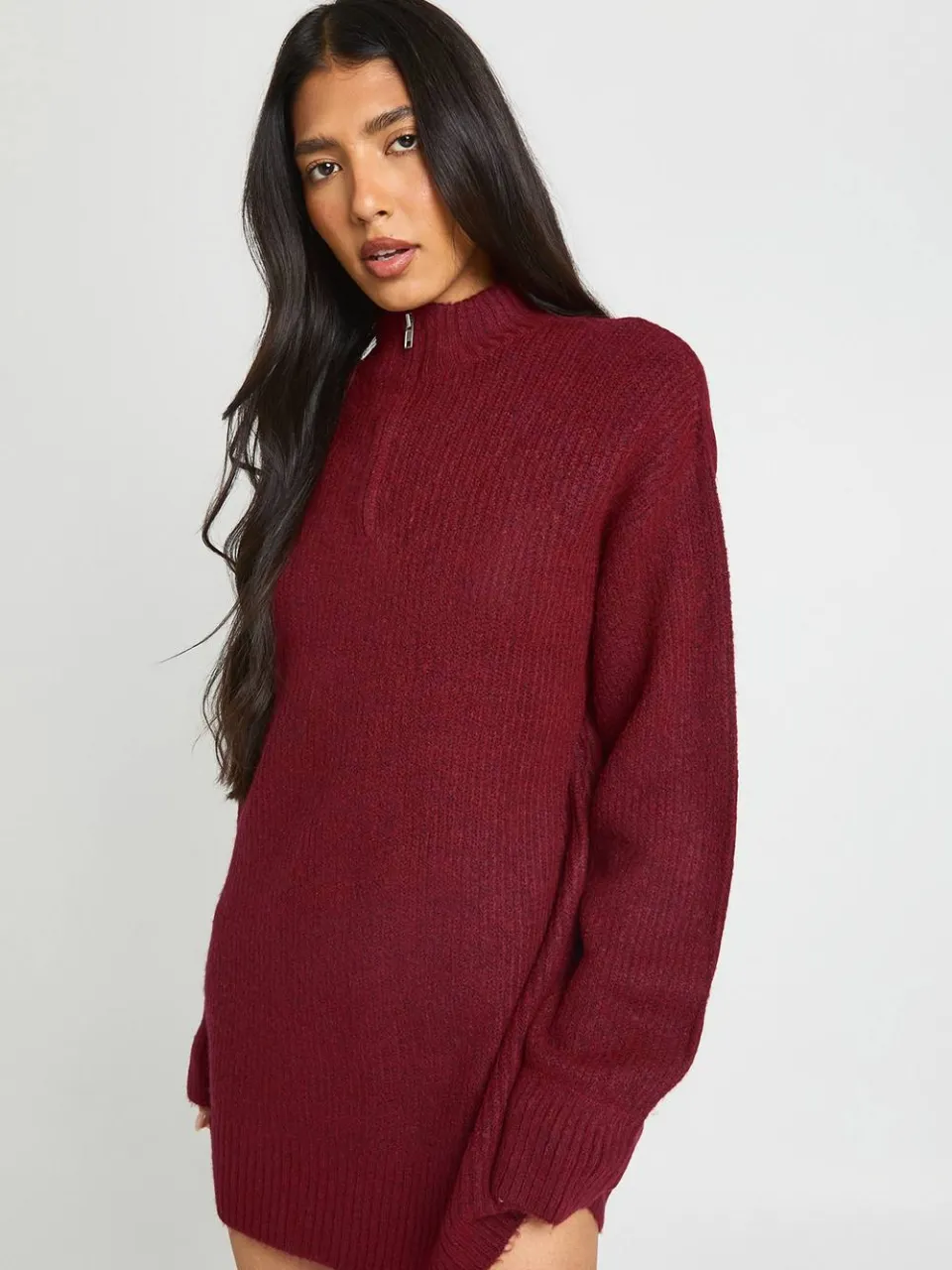 boohoo Dames Lange Zachte Gebreide Oversized Trui-jurk Met Ritskraag bordeaux rood, foto 3