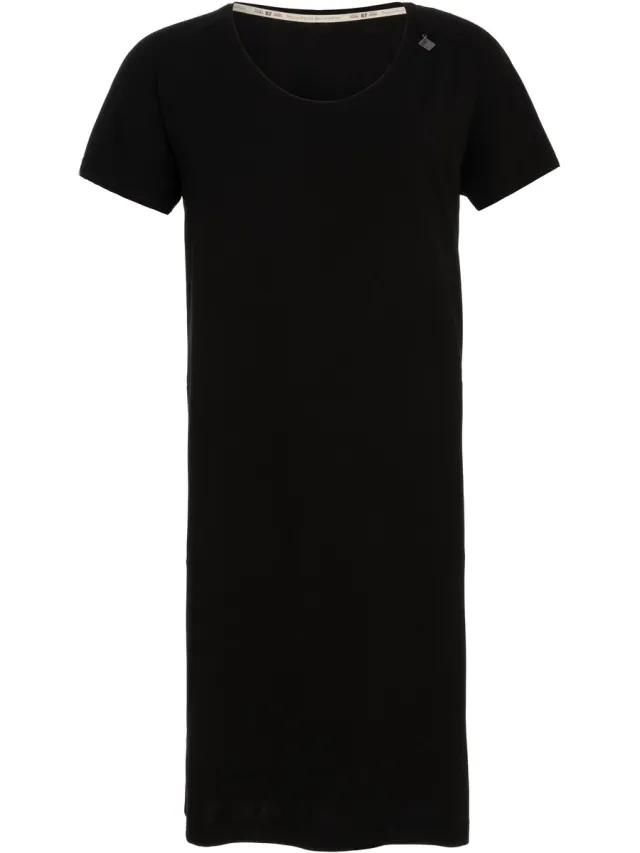 Knit Factory Lily Jurk - Dames midi-jurk met ronde hals - Rechte jurk - Korte mouwen - Jurk voor het voorjaar en de zomer - Zwart