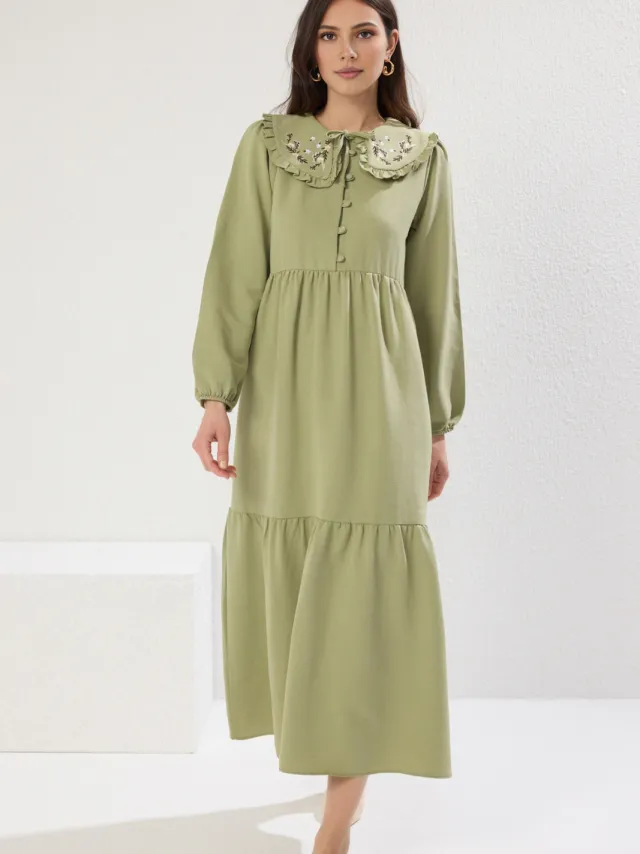 Trendyol Modest Dames Groen Effen Maxi Lang Casual Recht Modest Jurken