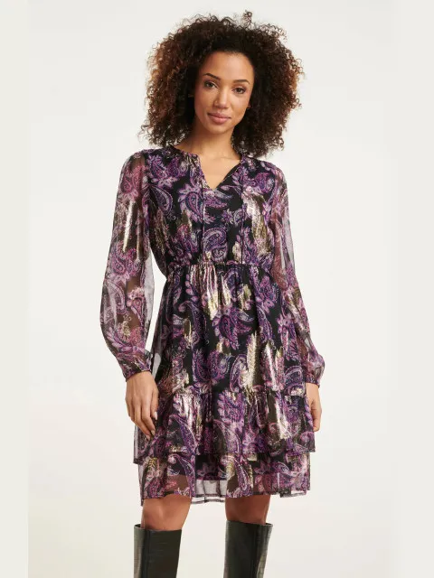 Smashed Lemon 24802 paarse paisley jurk met en jacquard Zwart