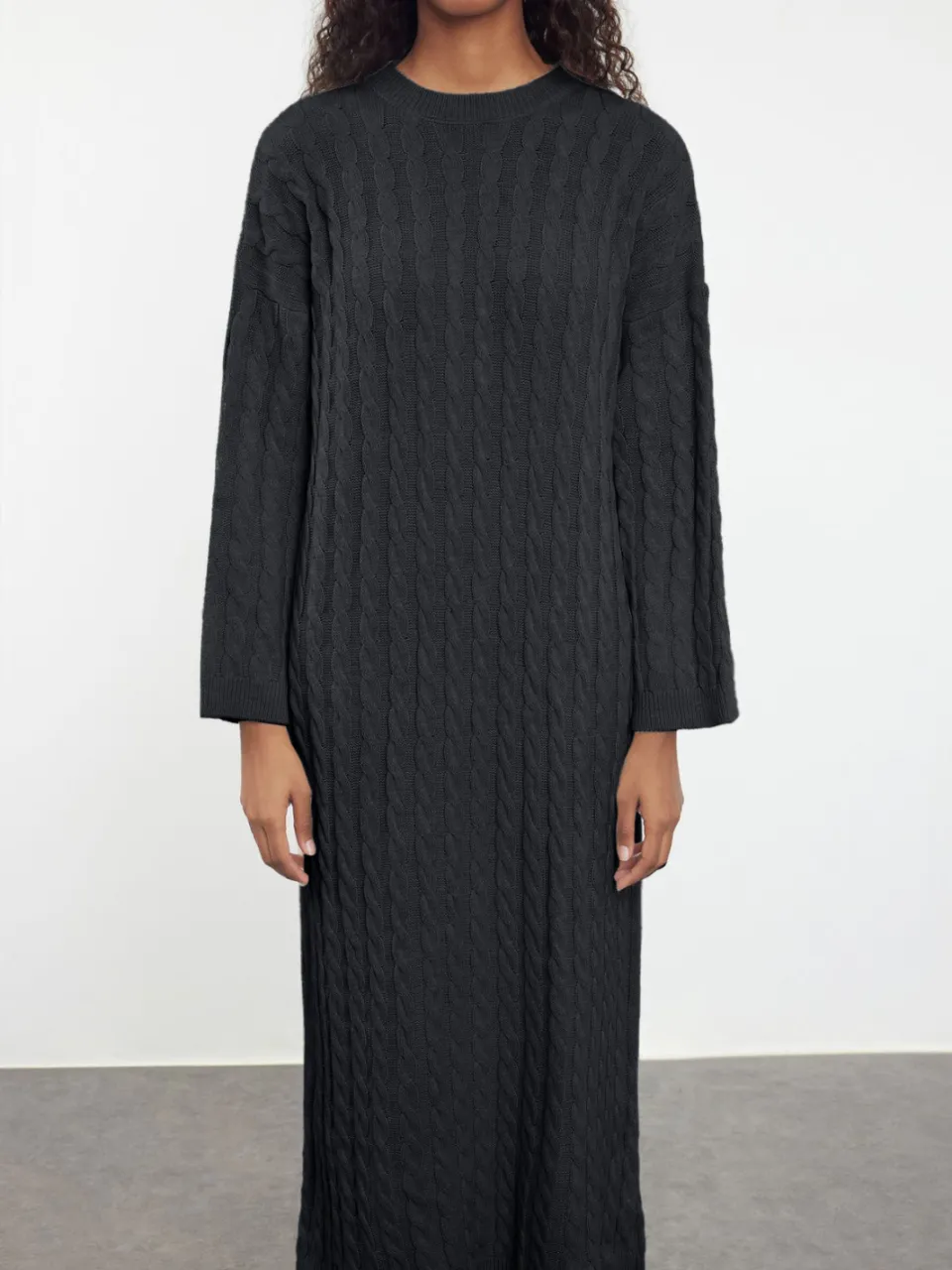 Trendyol TRENDYOLMİLLA Dames Grijs Kabelgebreid Maxi Lang Casual Recht Jurken, foto 2