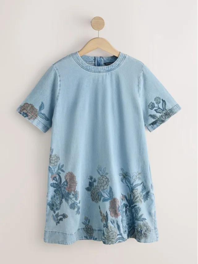Next Dames - National Trust x Next denim T-shirtjurk - Blauw Mid Blue Floral