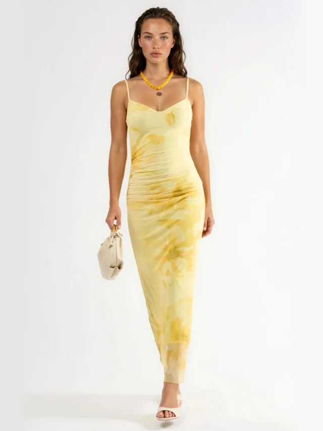 Busem Floral Bodycon Midi-jurk met Drapé Geel