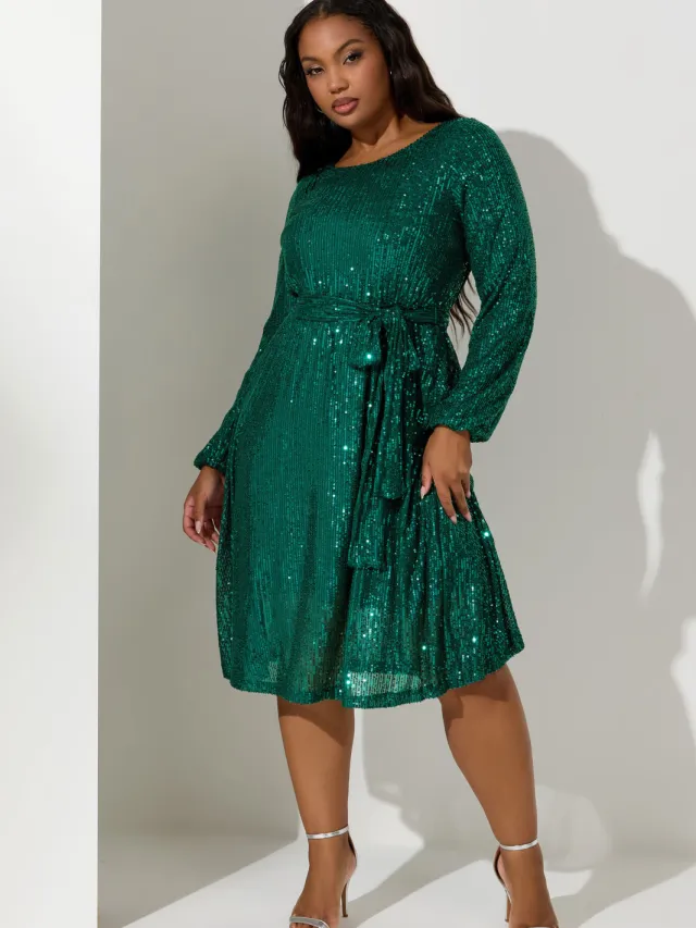 Yours London Midi Skaterjurk Met Lange Mouwen En Paillettenversiering In Groen Green